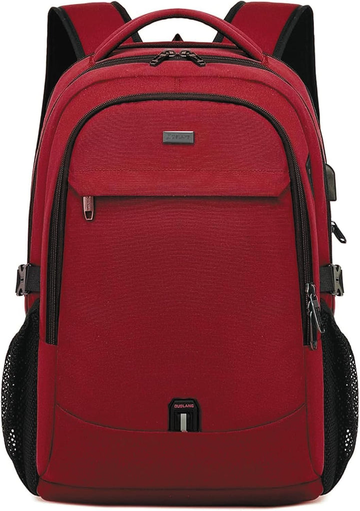 Dark grey water-resistant laptop backpack, ideal for travel & college with USB port.
