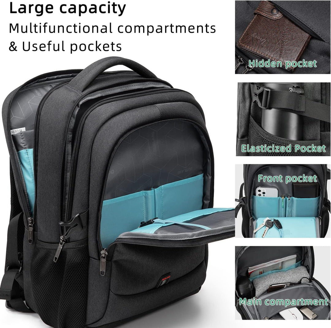 Light grey travel daypack, a carry-on work bag with organized storage & USB port.
