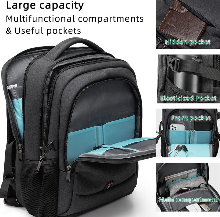 Light grey travel daypack, a carry-on work bag with organized storage & USB port.