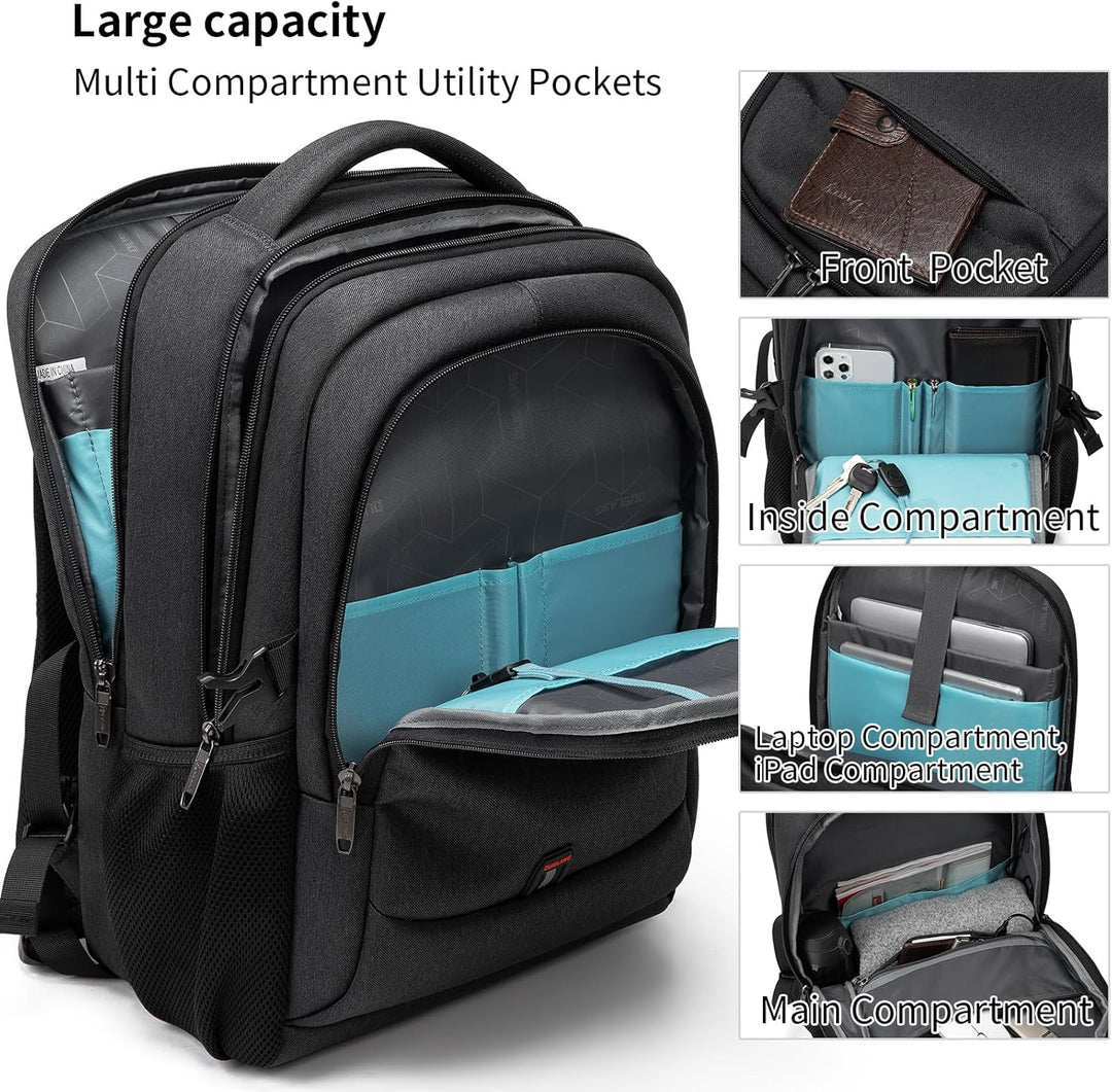 Dark grey carry-on daypack, water-resistant with USB port, perfect for travel.
