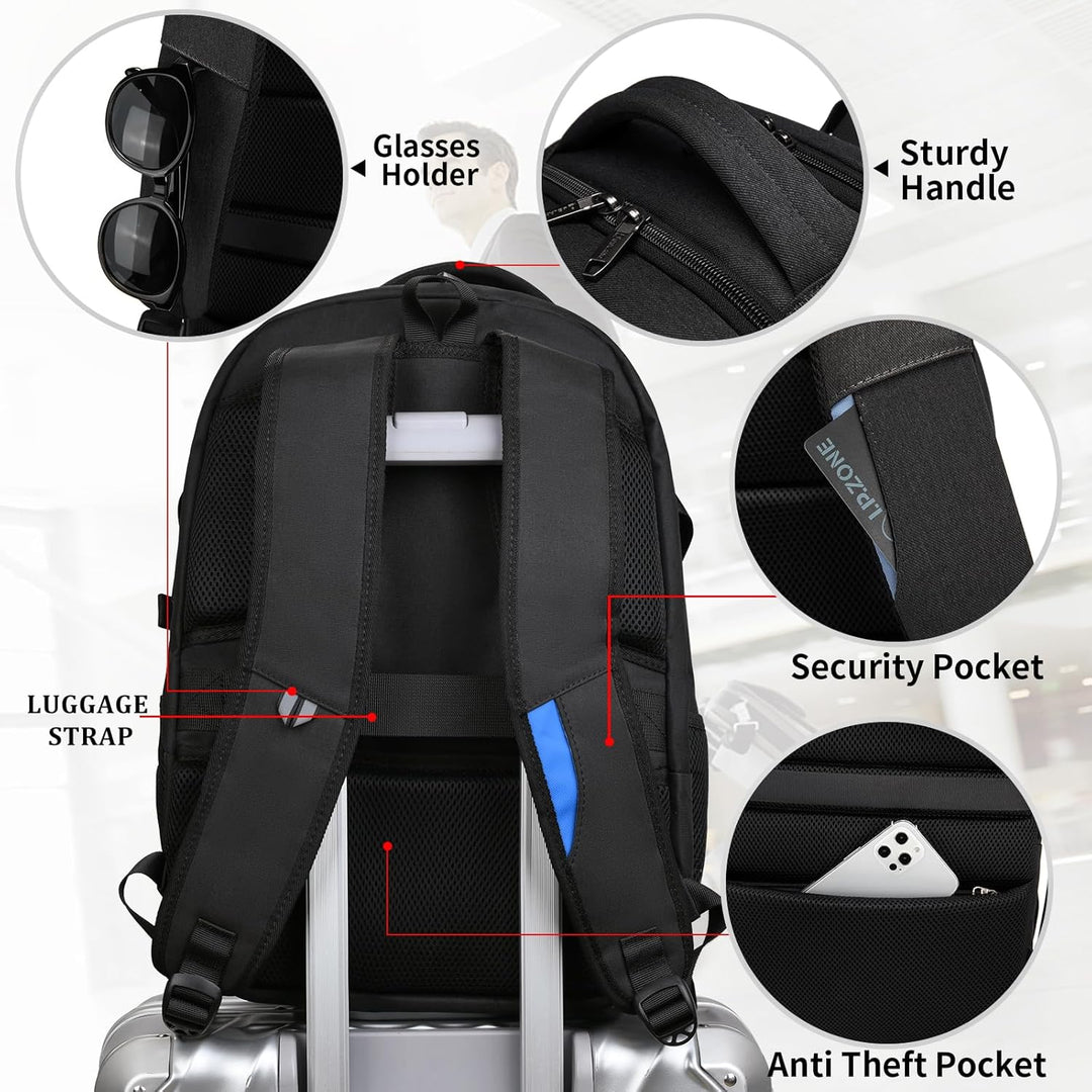 Blue anti-theft travel laptop backpack, water-resistant with organized interior.