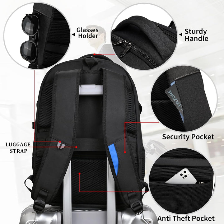 Blue anti-theft travel laptop backpack, water-resistant with organized interior.