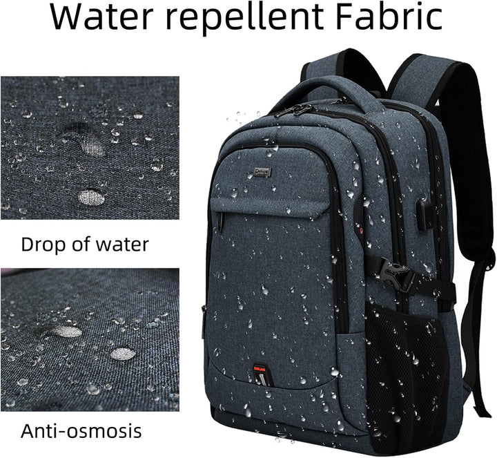 Blue anti-theft laptop backpack, water-resistant, ideal for work/college.