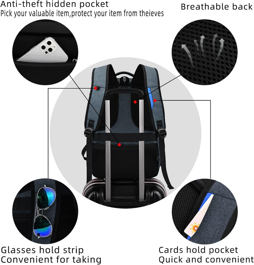 Light grey unisex daypack, water-resistant carry-on with USB port & organized sections.