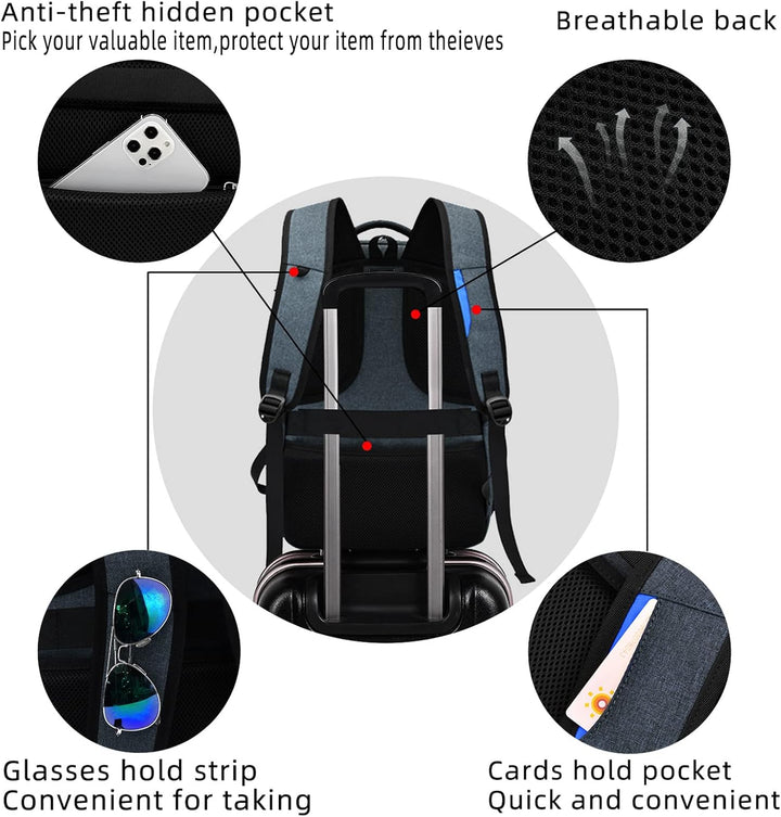Light grey unisex daypack, water-resistant carry-on with USB port & organized sections.