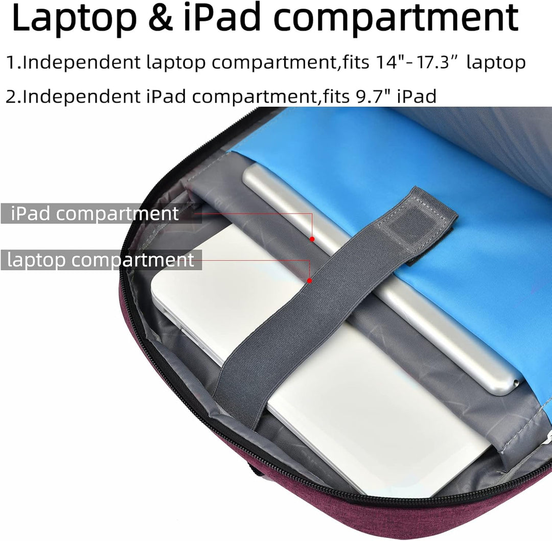 Blue water-resistant travel backpack, durable with USB charging and anti-theft.