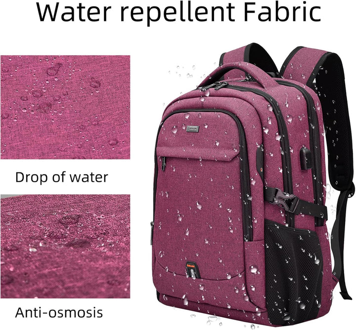 Light grey unisex laptop backpack, water-resistant with organized compartments & USB port.