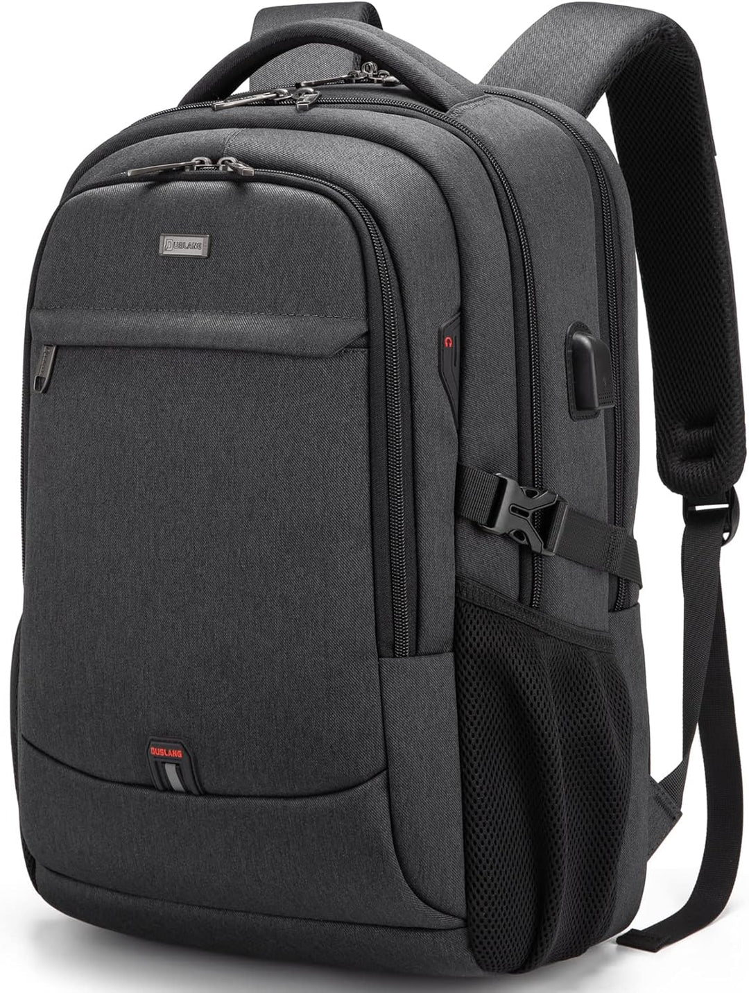 Dark grey anti-theft college backpack, water-resistant with USB port.