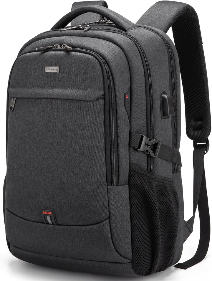 Dark grey anti-theft college backpack, water-resistant with USB port.