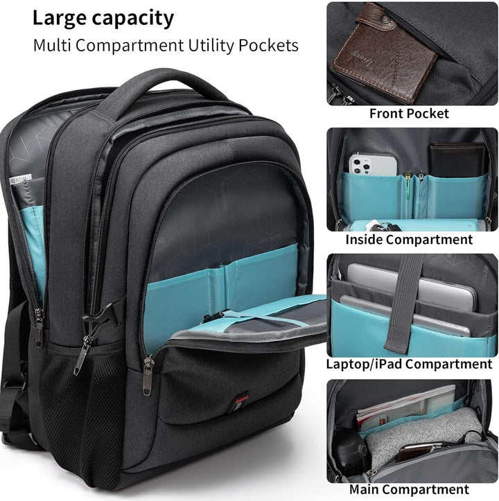Blue work laptop bag, water-resistant, organized storage & USB charging.