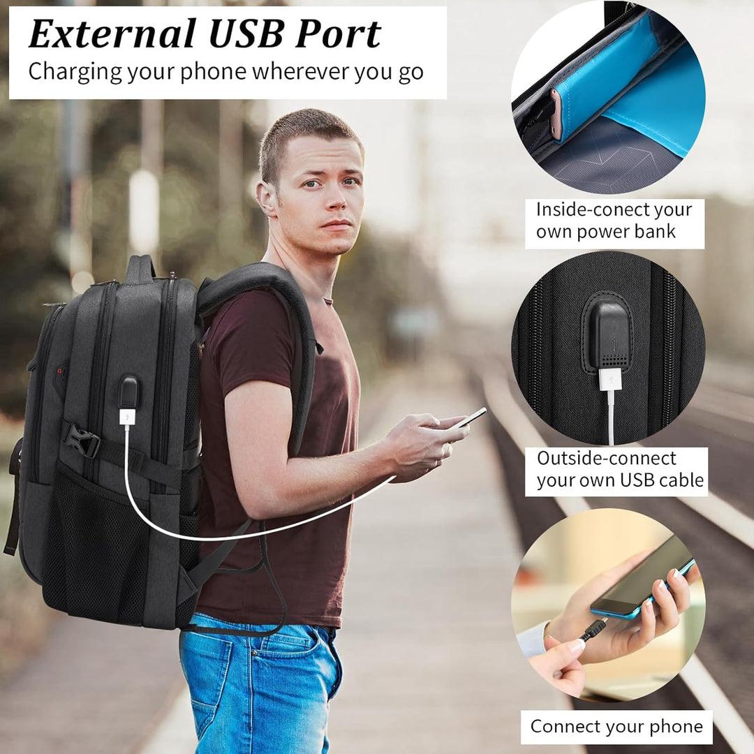 Dark grey water-resistant travel daypack, carry-on size with USB charging.