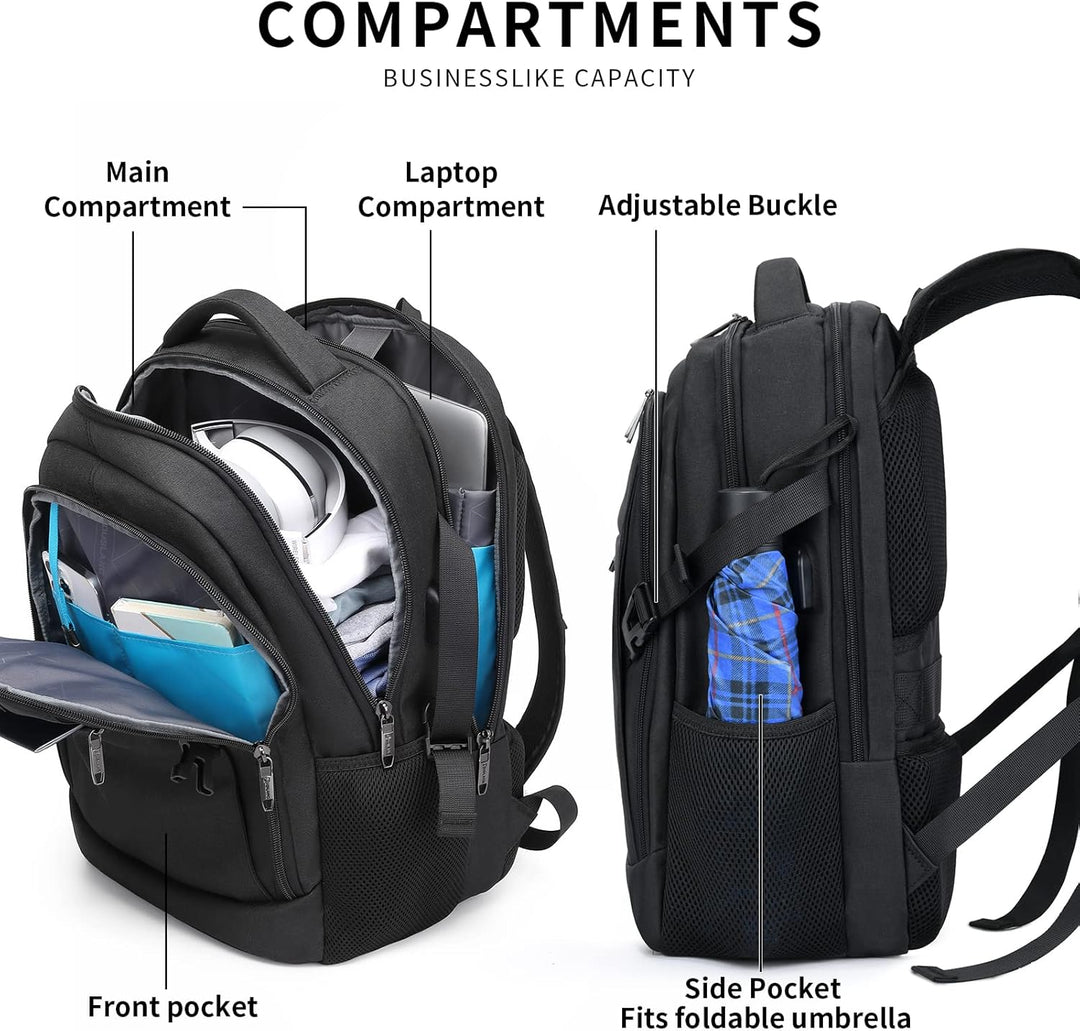Blue college carry-on backpack, water-resistant with USB port.