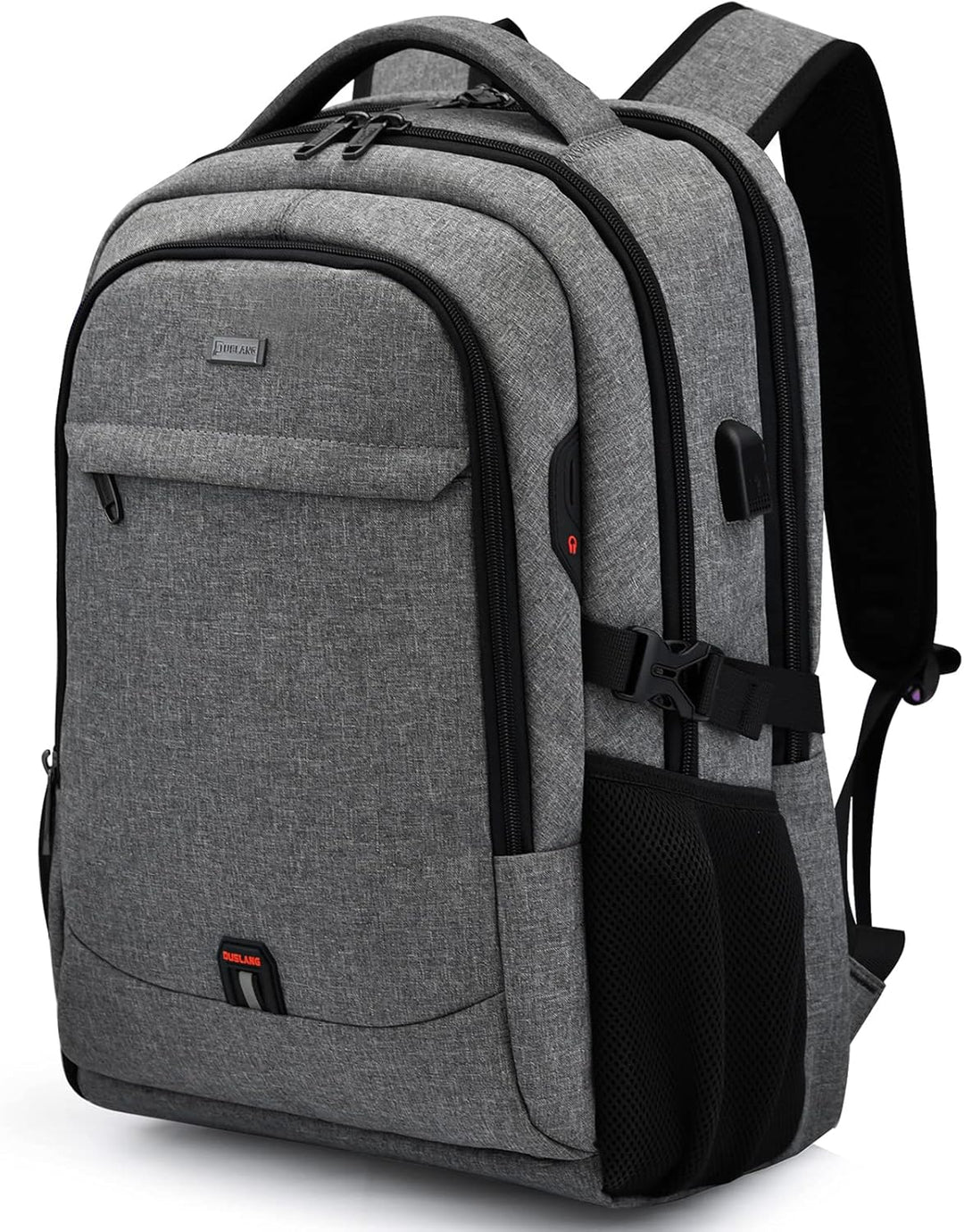 Blue travel laptop backpack, anti-theft, water-resistant, organized.