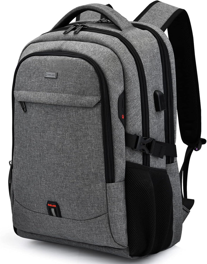 Blue travel laptop backpack, anti-theft, water-resistant, organized.