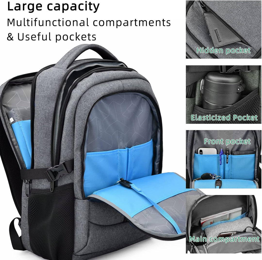 Light grey water-resistant college backpack, durable with USB charging.