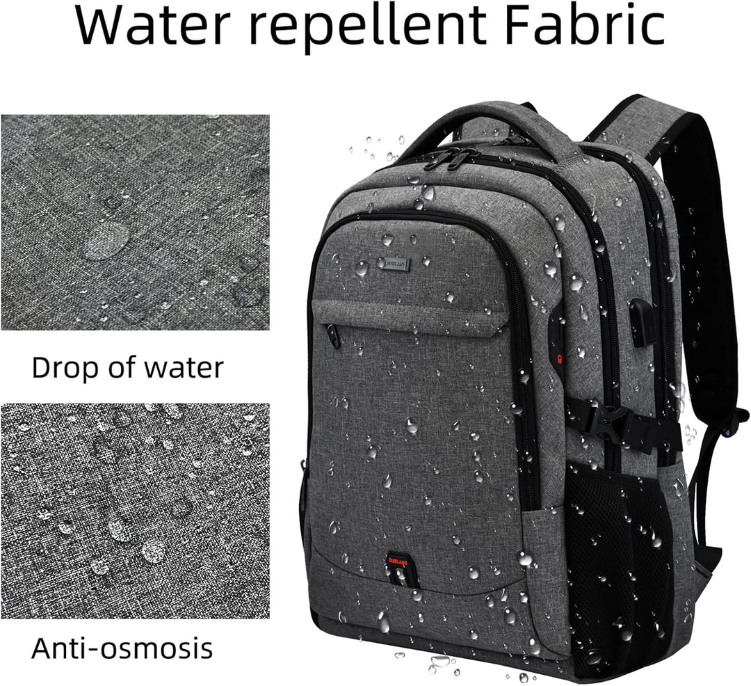 Dark grey durable water-resistant travel laptop backpack with USB charging.