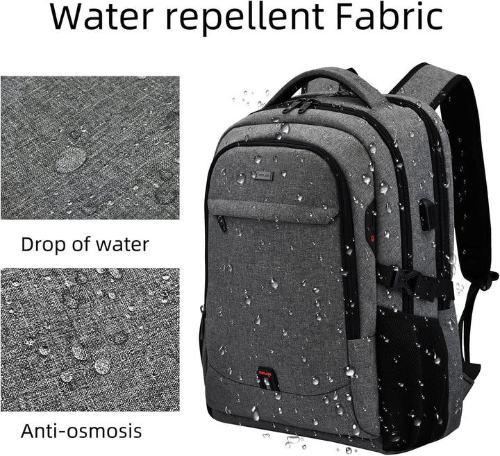 Dark grey durable water-resistant travel laptop backpack with USB charging.