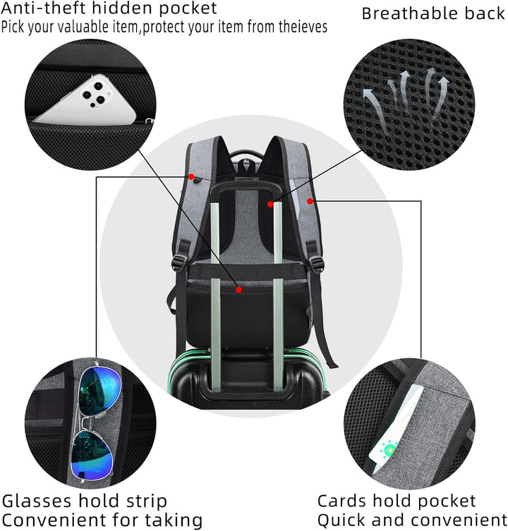 Blue unisex carry-on daypack, water-resistant with USB port & organized pockets.