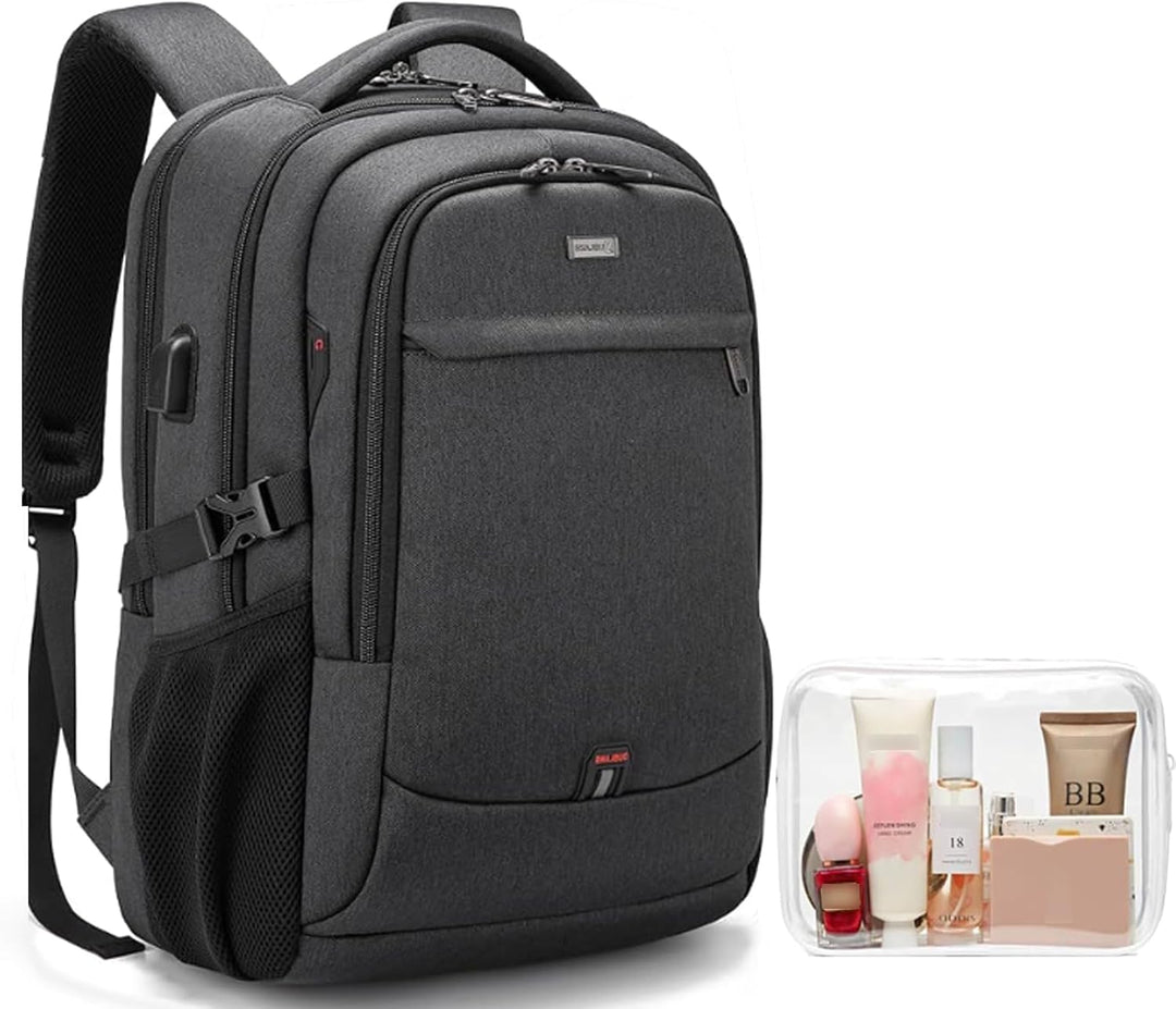 Dark grey laptop backpack, organized storage, water-resistant & anti-theft design.