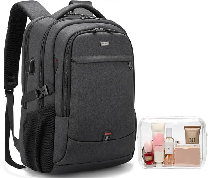 Dark grey laptop backpack, organized storage, water-resistant & anti-theft design.