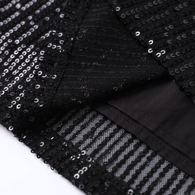 Close-up of a shimmering sequin mini cocktail dress for women, showcasing its dazzling fabric and short cut.