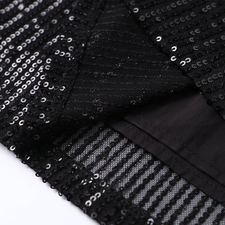 Close-up of a shimmering sequin mini cocktail dress for women, showcasing its dazzling fabric and short cut.