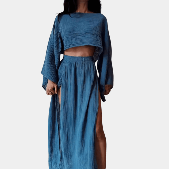 Women's Two-Piece Maxi Skirt Set - Crop Top & High Slit
