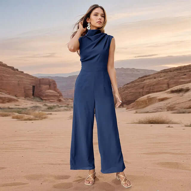 Women's Sleeveless High Collar Top and Wide-Leg Pants Set