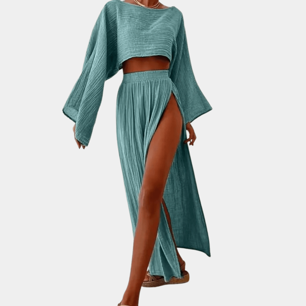 Women's Two-Piece Maxi Skirt Set - Crop Top & High Slit