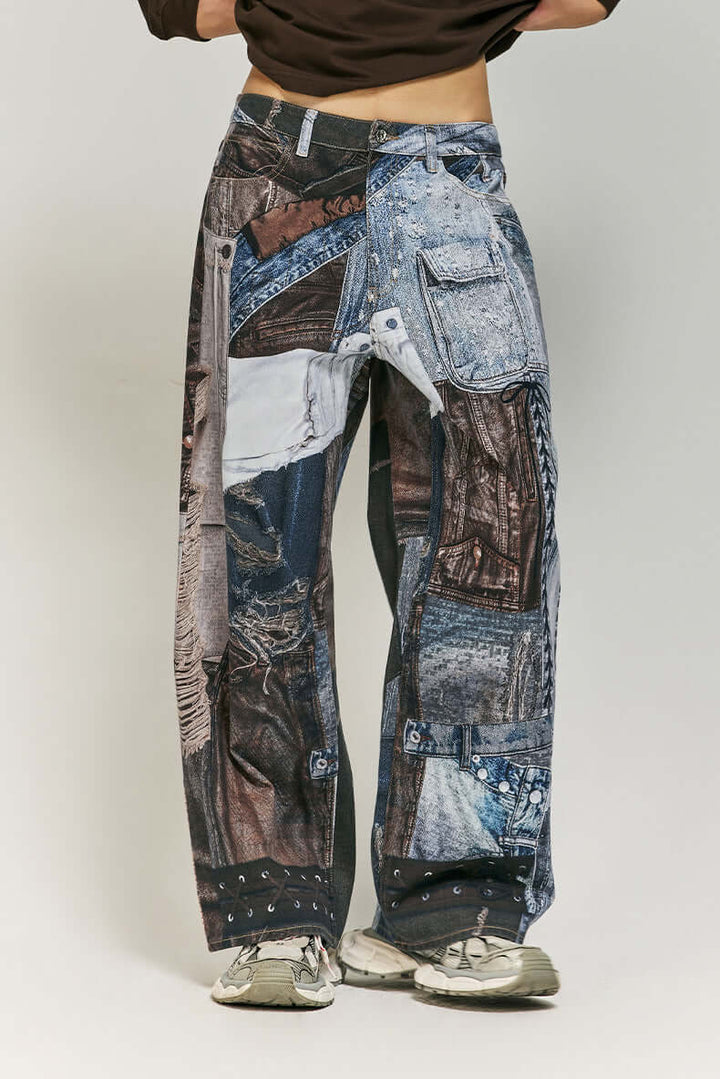 Women's Wide Leg Patchwork Print Trousers