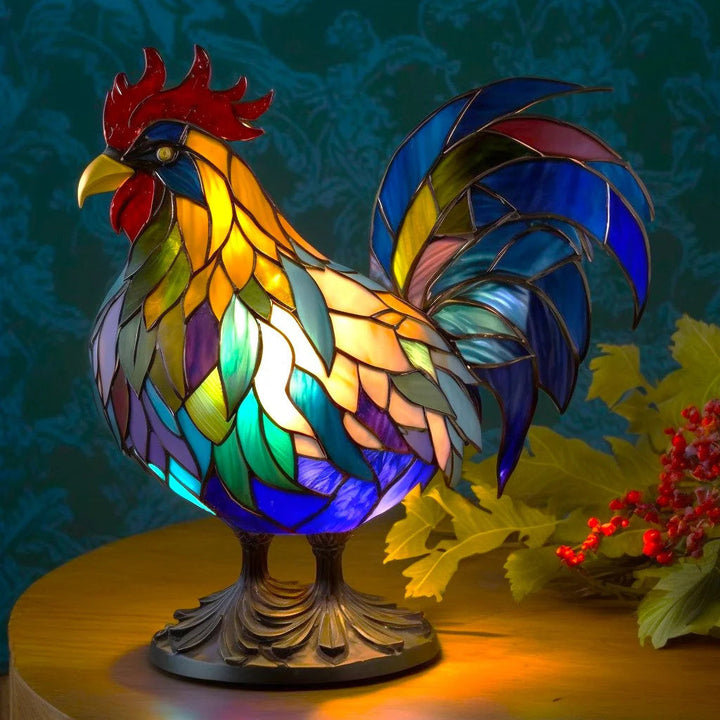 Detailed stained glass owl lamp, resin base, provides warm ambient lighting for any room.