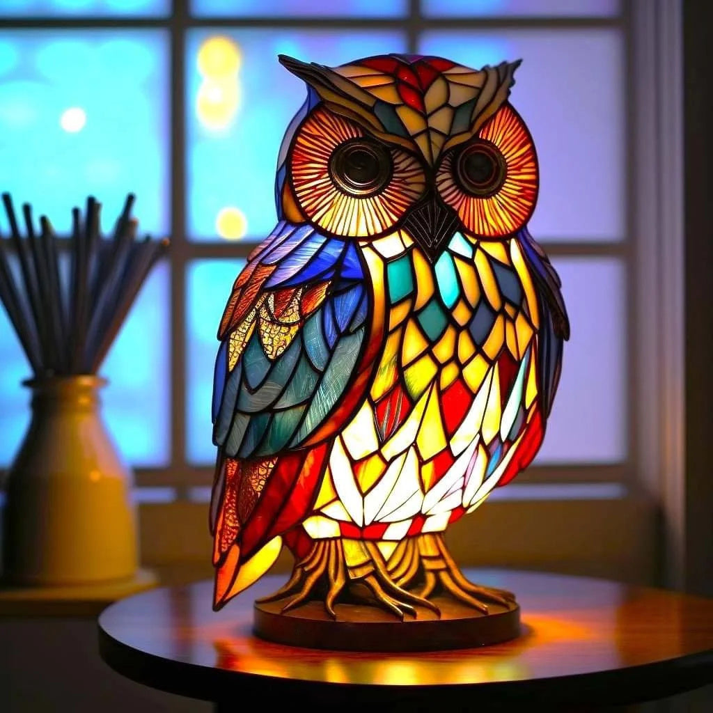 Elegant stained glass owl table lamp, unique gift, provides beautiful ambient light for home.