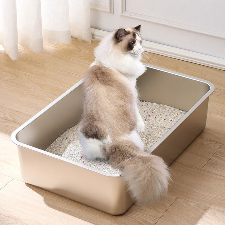 "Deep-sided stainless steel cat litter tray with splash-proof sides, rustproof, odour-resistant, sleek design, pet supplies."