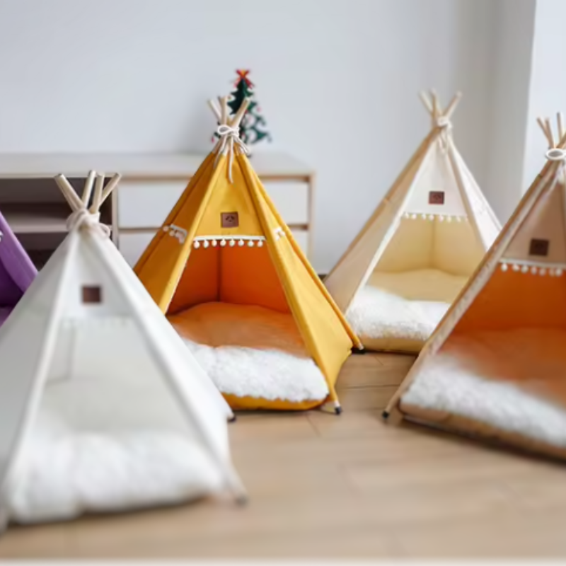 "Deluxe canvas pet teepee in gray triangles, pristine white, or sunny yellow for cats and dogs with pine poles and soft mat."