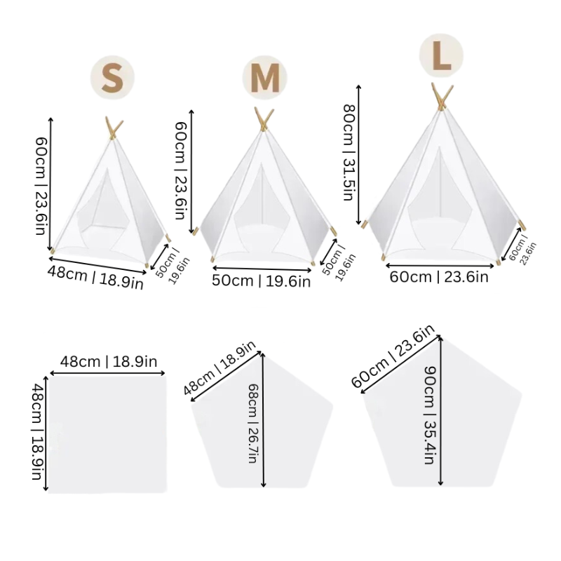 "Deluxe canvas pet teepee in gray triangles, pristine white, or sunny yellow for cats and dogs with pine poles and soft mat."