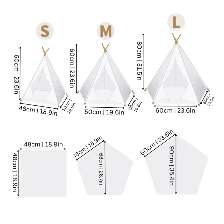 "Deluxe canvas pet teepee in gray triangles, pristine white, or sunny yellow for cats and dogs with pine poles and soft mat."
