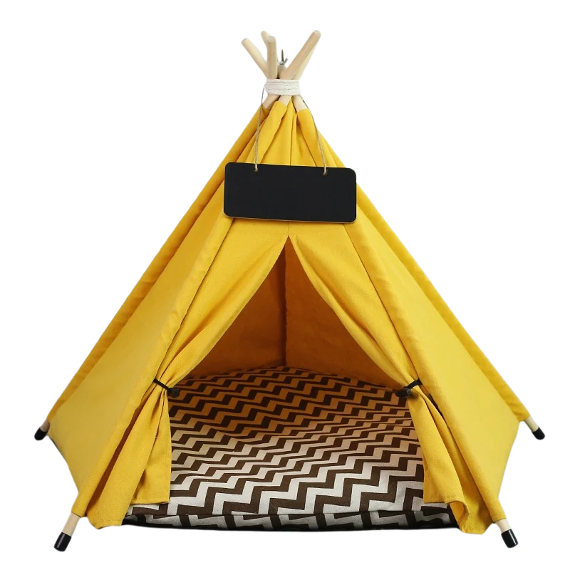 "Deluxe canvas pet teepee in gray triangles, pristine white, or sunny yellow for cats and dogs with pine poles and soft mat."