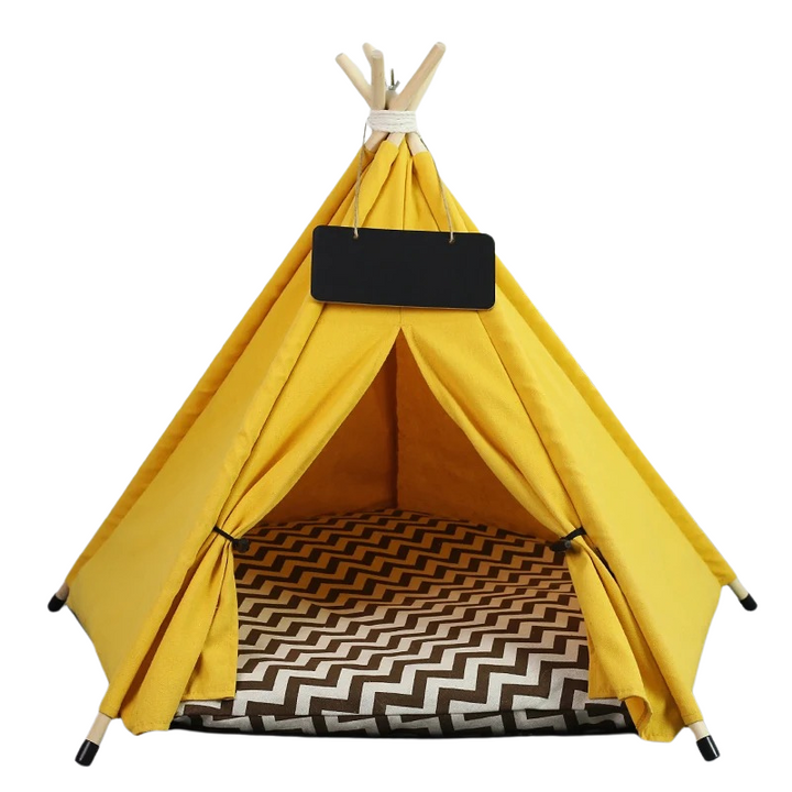 "Deluxe canvas pet teepee in gray triangles, pristine white, or sunny yellow for cats and dogs with pine poles and soft mat."