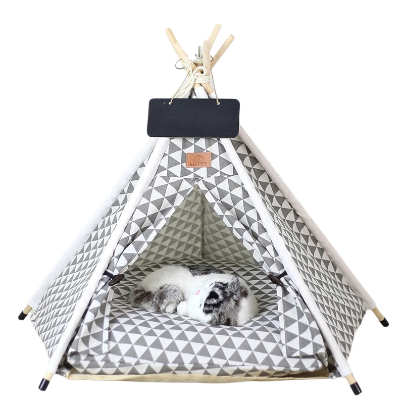 "Deluxe canvas pet teepee in gray triangles, pristine white, or sunny yellow for cats and dogs with pine poles and soft mat."