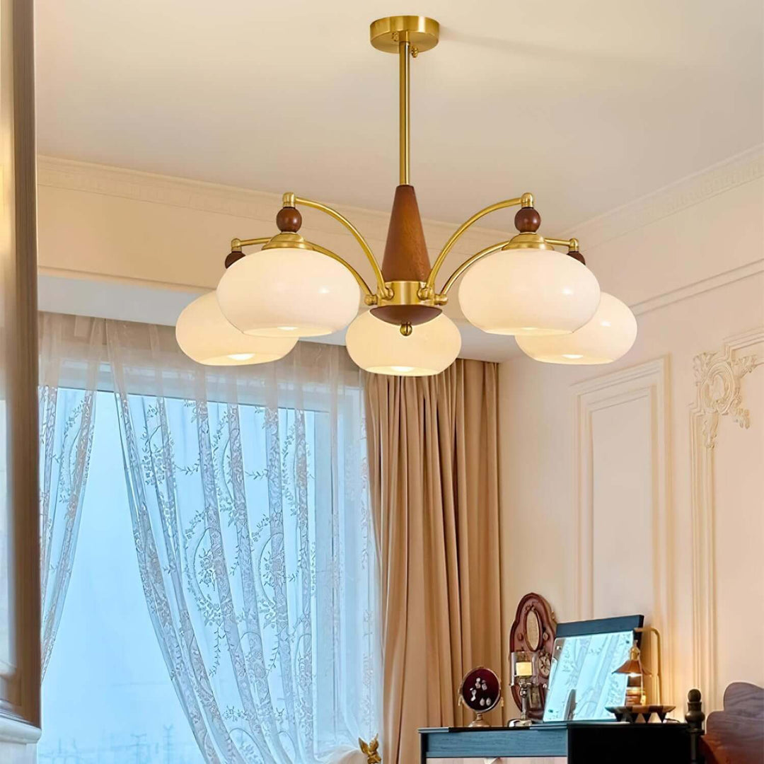 Retro Wood & Brass Chandelier