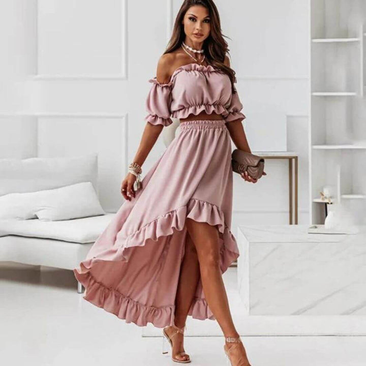 Women's Off-Shoulder Frill Crop Top & High-Low Skirt Set