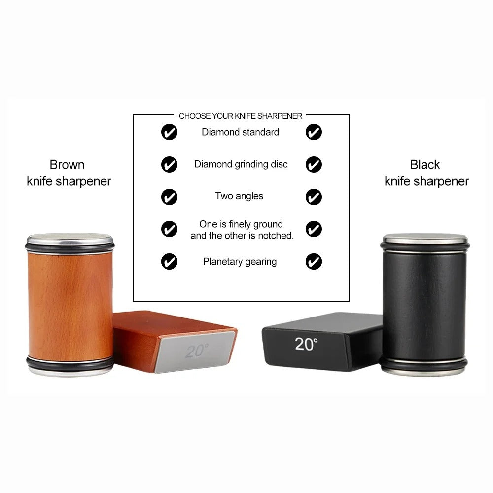 "Diamond coated rolling knife sharpener with magnetic base, ergonomic design, ensures precise blade honing in the kitchen."