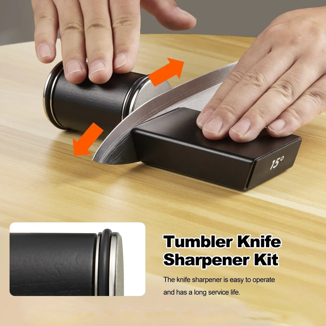 "Diamond coated rolling knife sharpener with magnetic base, ergonomic design, ensures precise blade honing in the kitchen."