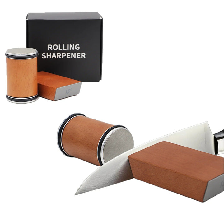 "Diamond coated rolling knife sharpener with magnetic base, ergonomic design, ensures precise blade honing in the kitchen."