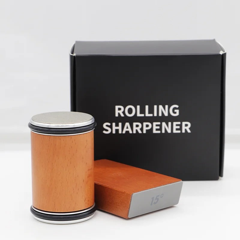 "Diamond coated rolling knife sharpener with magnetic base, ergonomic design, ensures precise blade honing in the kitchen."