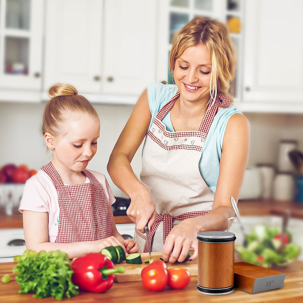 "Diamond coated rolling knife sharpener with magnetic base, ergonomic design, ensures precise blade honing in the kitchen."