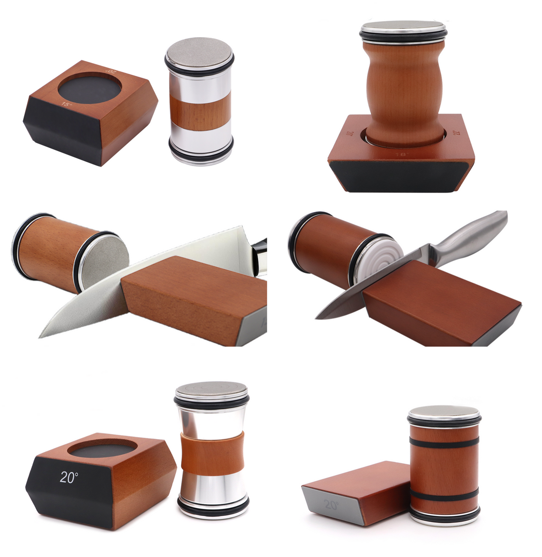 "Diamond coated rolling knife sharpener with magnetic base, ergonomic design, ensures precise blade honing in the kitchen."