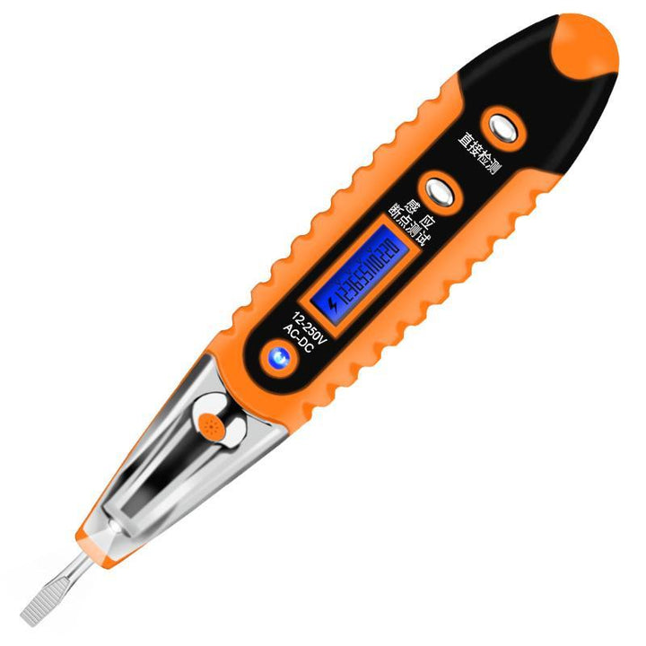 Digital electric test pen with LCD display, LED light; detects AC/DC voltage, compact design, suitable for any workspace.