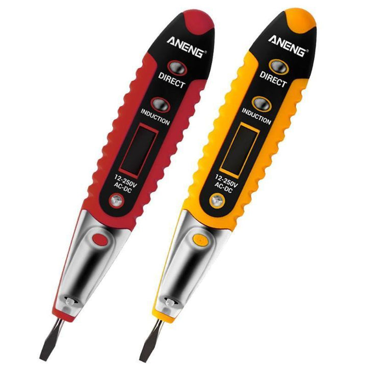 Digital electric test pen with LCD display, LED light; detects AC/DC voltage, compact design, suitable for any workspace.