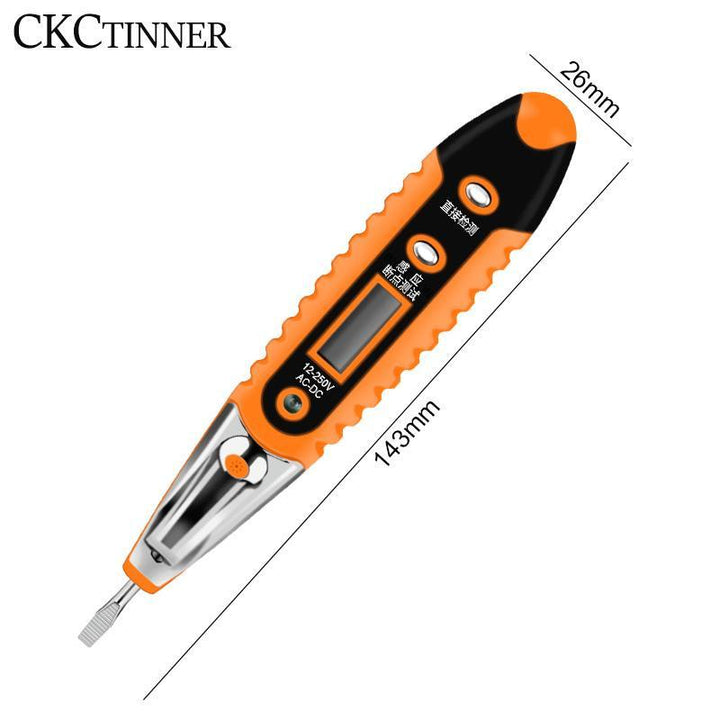 Digital electric test pen with LCD display, LED light; detects AC/DC voltage, compact design, suitable for any workspace.